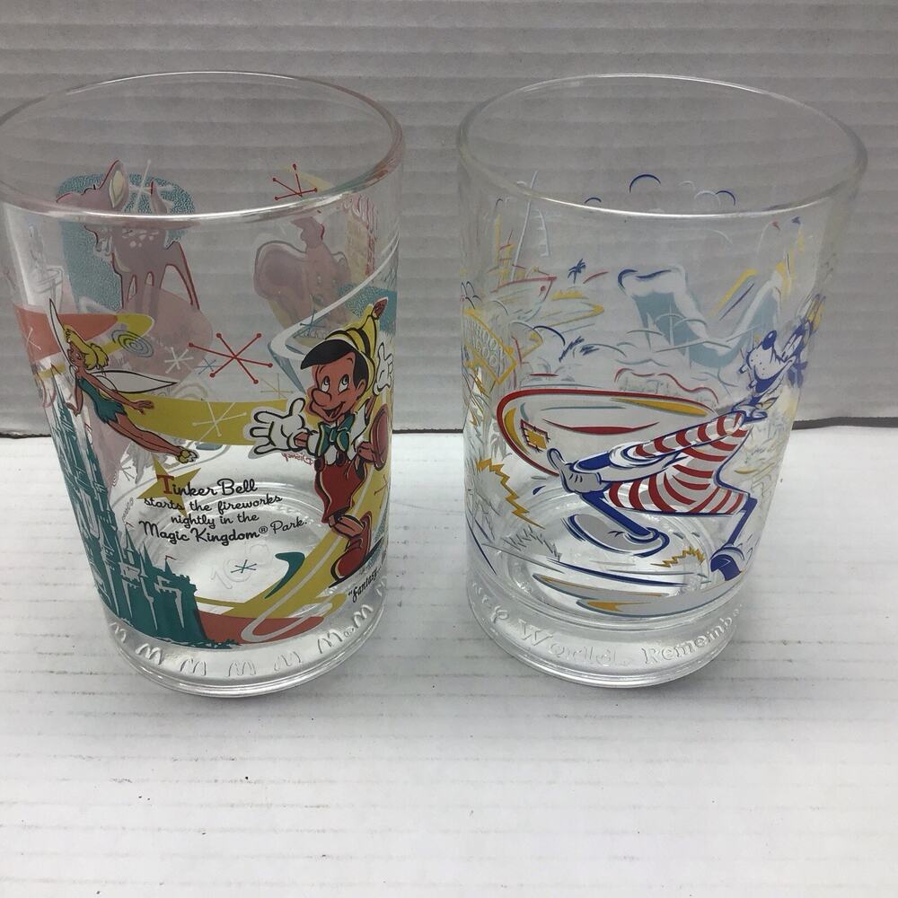 Vtg 2000 Disney World McDonald's Glass Pair Tinker Bell Goofy 100 Years Magic